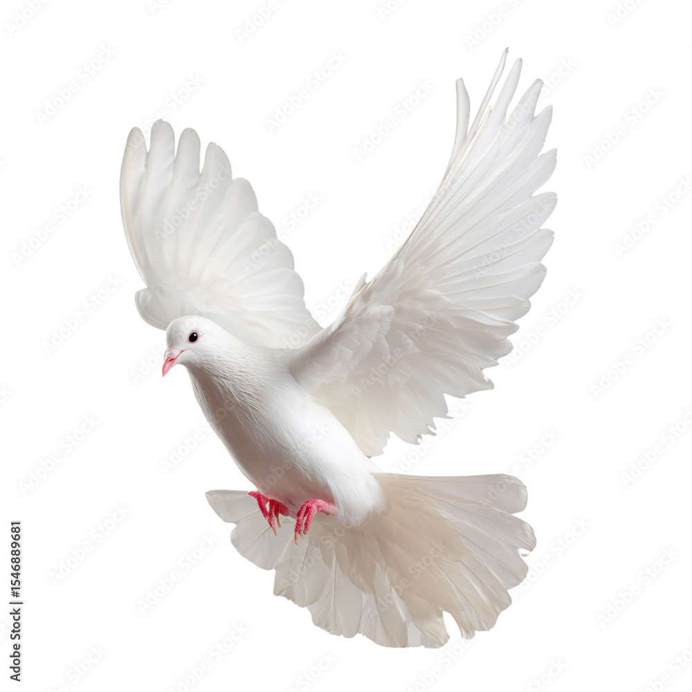 Fototapeta premium Free white dove flying in mid-air transparent background