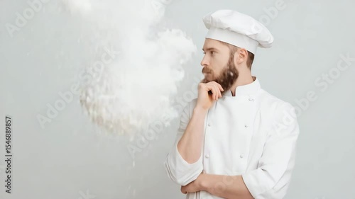 charismatic chef deep in thought about culinary arts soft smile on his face positioned on left side of frame