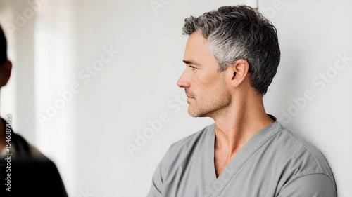 focused portrait of neurosurgeon positioned on left side of frame