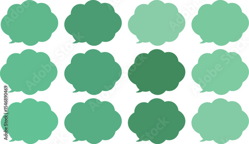 All the bubbles have a distinctive, rounded, cloud-like, or scalloped edge design. This vector image features twelve speech bubbles