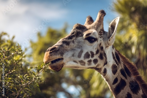 Close up of A giraffe feeding on leaves from a tall tree 
A giraffe reaching up to eat leaves from a tall tree