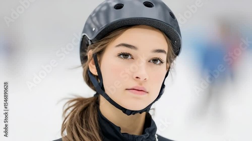 short track athlete in helmet captured in dynamic motion with thoughtful expression on her face