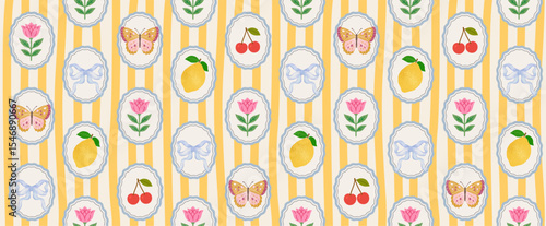 Italian seamless vector  pattern with butterfly, lemon, flower, cherriy, bow, cameo, in vintage frame. Yellow stripes make it perfect for fabric, floral postage stamp, wrapping, and spring