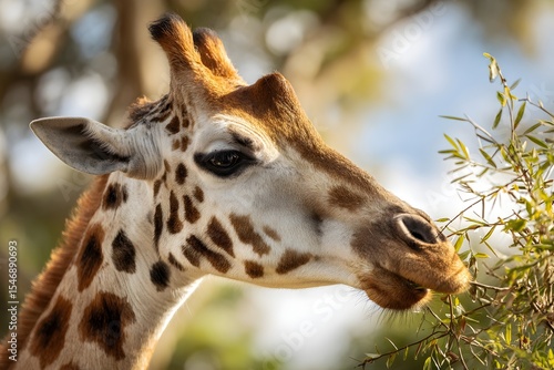 Close up of A giraffe feeding on leaves from a tall tree 
A giraffe reaching up to eat leaves from a tall tree
