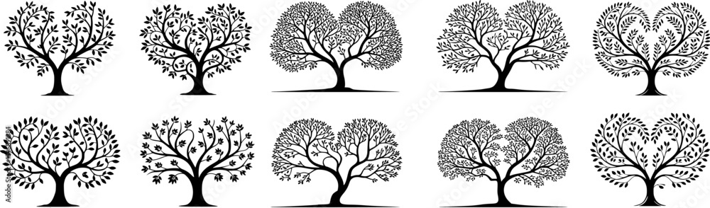 Fototapeta premium Silhouette collection of decorative trees for diverse design purposes