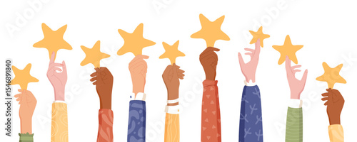 Customer hands holding five stars in creative cartoon graphic style. Positive feedback and review show satisfaction and quality. Clients rate service survey, modern layout for business concept.