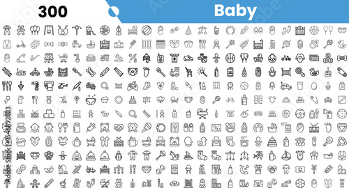A diverse collection of baby-themed icons, featuring toys, clothing, and essential items for infants.