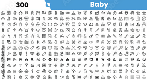 Collection of black and white baby-themed icons, showcasing various nursery items and baby activities.