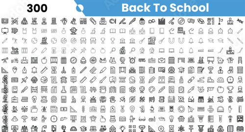 A diverse collection of black and white icons representing back-to-school themes, including education, stationery, and classroom activities.