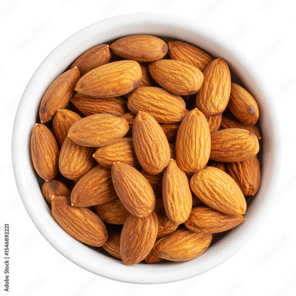 Fototapeta premium Top view of almonds in cup isolated on transparent background, object, cut out