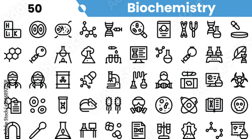 A collection of biochemistry icons, featuring lab equipment, molecules, and scientific symbols that represent various aspects of the field.
