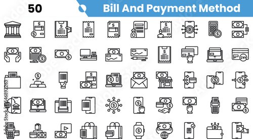 A collection of minimalist icons representing various bill and payment methods, featuring cash, cards, and digital transactions.