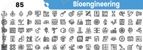 A collection of bioengineering icons featuring laboratory equipment, molecular structures, and scientific symbols in a clean, monochrome design.