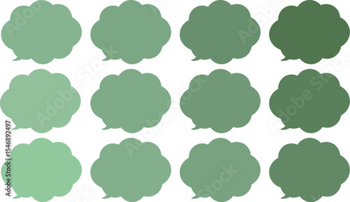 All the bubbles have a distinctive, rounded, cloud-like, or scalloped edge design. This vector image features twelve speech bubbles