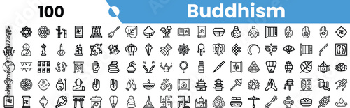 A collection of minimalist icons representing various symbols and concepts related to Buddhism, all in black and white.
