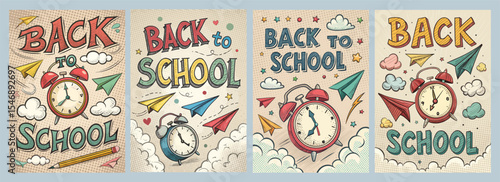Vibrant Playful Back-to-School Illustrations of Clocks Clouds and Paper Airplanes Perfect for Educational Themes and School Materials Poster Designs