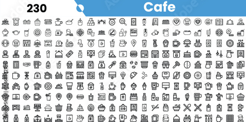 A diverse collection of black and white icons representing various caf� elements, from beverages to food items and equipment.