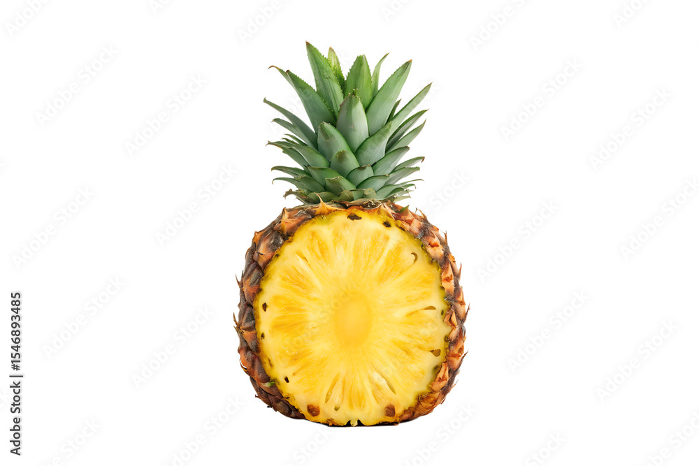 Ripe Pineapple Halved, Showing Juicy Yellow Flesh and Green Crown Ripe Pineapple Halved, Showing Juicy Yellow Flesh and Green Crown