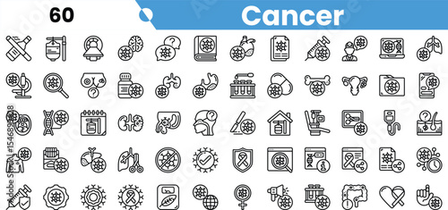 A collection of icons representing cancer awareness and research, showcasing various aspects from medical tools to supportive symbols.