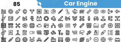 A collection of car engine icons showcasing various components and symbols in a sleek black and white design.