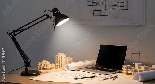 Adjustable Desk Lamp Illuminating Architectural Design Workspace