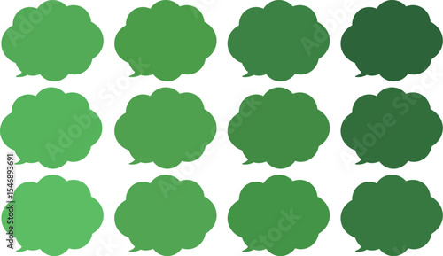 All the bubbles have a distinctive, rounded, cloud-like, or scalloped edge design. This vector image features twelve speech bubbles