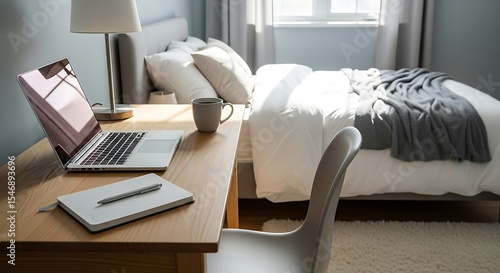 Cozy Home Office Setup Laptop, Desk, and Bedroom Comfort
