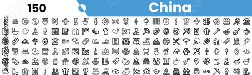 A diverse collection of black and white icons representing Chinese culture and traditions, showcasing various elements from food to landmarks.