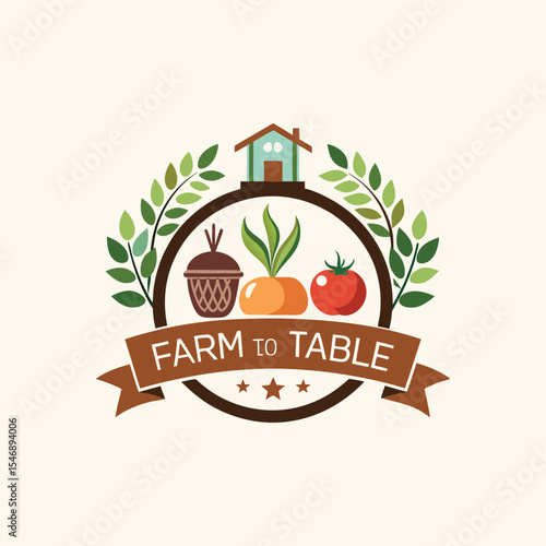 Rustic Farm-to-Table Logo Design with Farmhouse, Barn, and Fresh Vegetable Icons – Organic, Vintage Emblem for Farmers Market, Grocery Store, Natural Food or Agriculture Brand