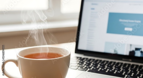 Warm Cup of Tea Beside Laptop Cozy Work from Home Setup