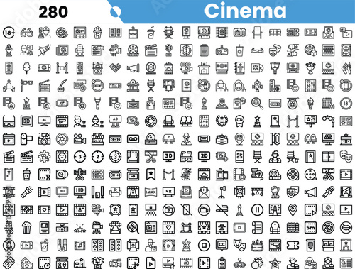 A diverse collection of cinema-themed icons, featuring black and white designs that represent various film-related concepts and elements.