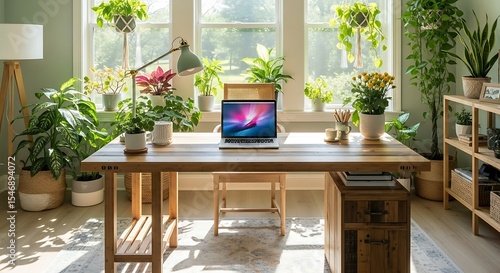 Serene Home Office with Abundant Indoor Plants and Natural Light