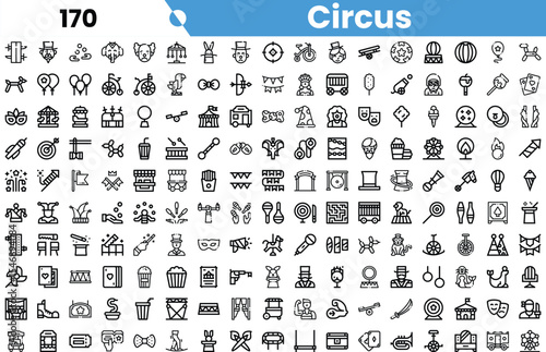 A vibrant collection of circus-themed icons showcasing a variety of attractions and activities, including tents, performers, and snacks.