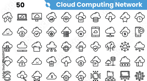 A diverse collection of cloud computing network icons showcasing technology concepts such as data storage, connectivity, and security.