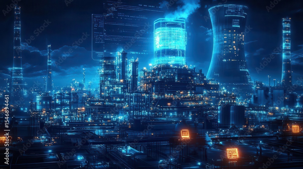 Obraz premium Nuclear power plant with augmented reality displays, detailed environment, blue neon tones, scifi feel