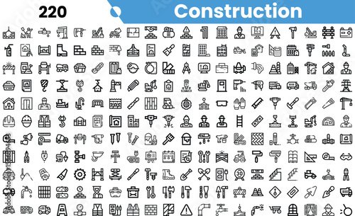 A diverse collection of construction-related icons in a clean, monochromatic style, featuring tools, structures, and safety equipment.
