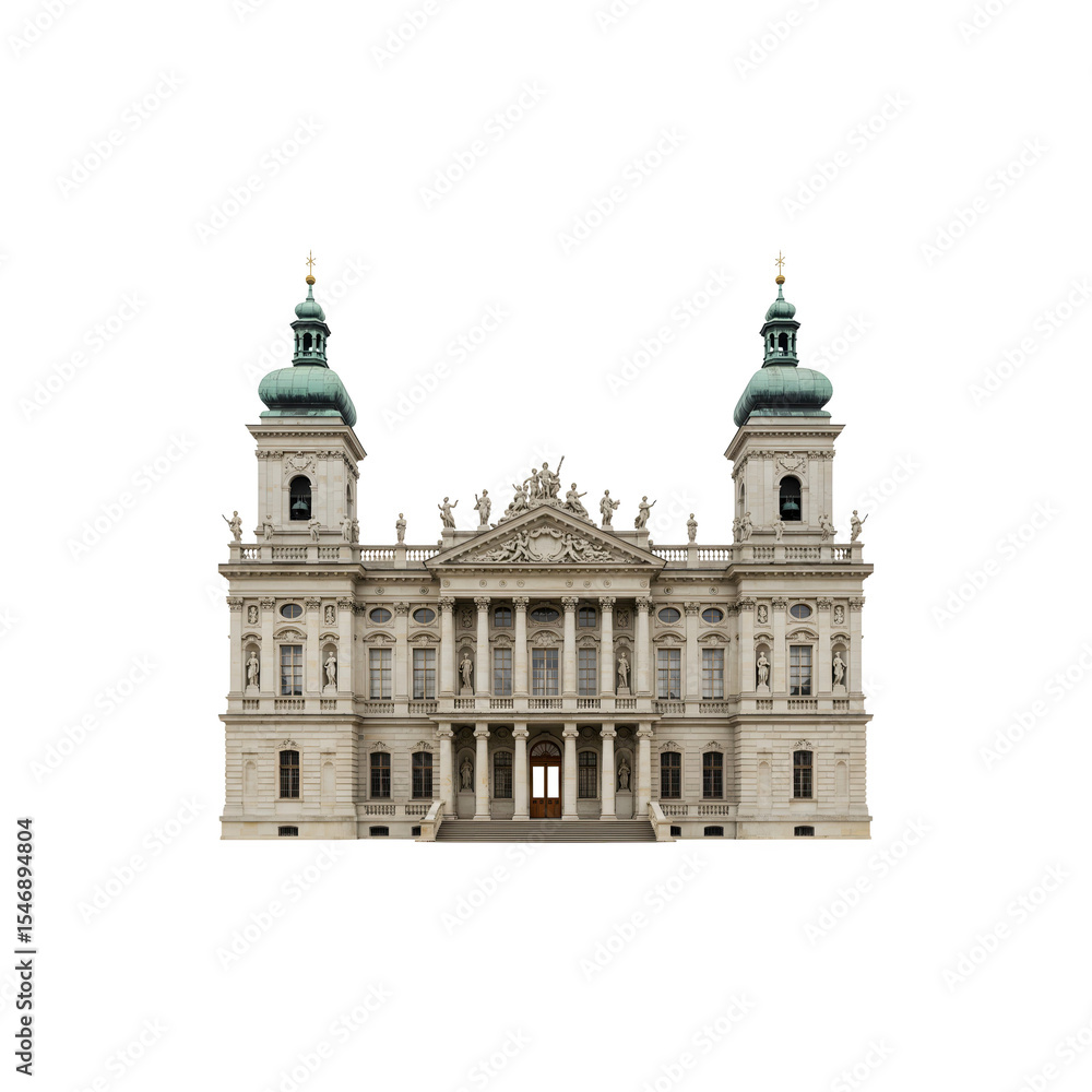 Obraz premium Historic White Cathedral with Towers and Architectural Details on White
