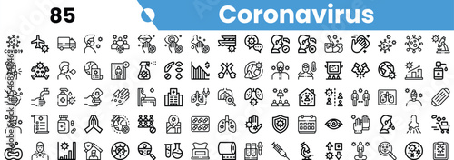 A collection of black and white coronavirus-related icons, showcasing various themes such as health, protection, and research.