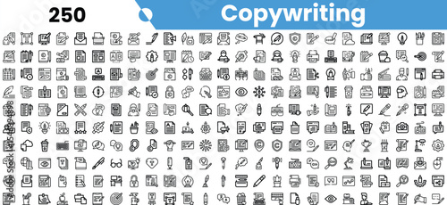 A diverse collection of black and white icons representing various aspects of copywriting, creativity, and communication.