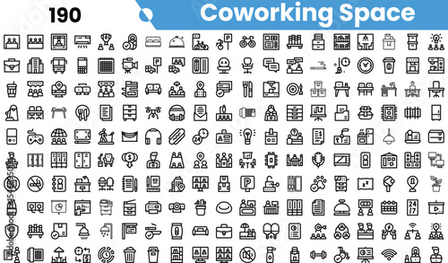 A collection of monochrome icons representing various elements of a coworking space, showcasing teamwork, creativity, and productivity.