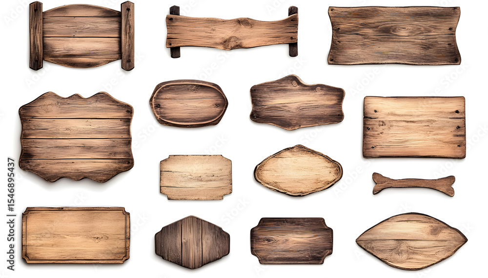 Naklejka premium Collection of wooden signs in rustic style, set of elements on white background