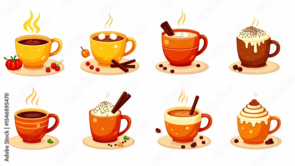 Cute collection of eight colorful hot drinks in autumn-themed mugs, including cocoa, coffee, whipped cream, and cinnamon. Cute collection of eight colorful hot drinks in autumn-themed mugs, including cocoa, coffee, whipped cream, and cinnamon.
