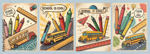 Celebrate Education and Creativity with a Vibrant Colorful Illustration of School Supplies and a School Bus Featuring the Inspiring Phrase School is Cool