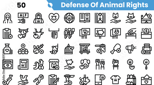 A diverse collection of icons representing the defense of animal rights, featuring symbols of care, activism, and protection.