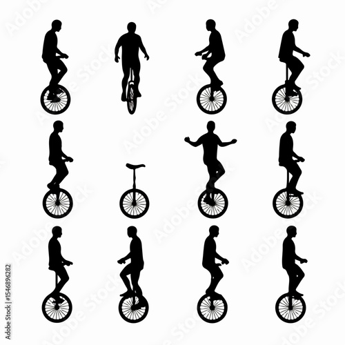 Silhouette men riding unicycles various poses
