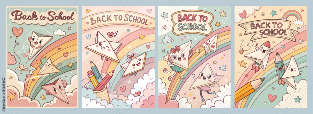 Obraz premium Cheerful Back-to-School Poster Designs with Colorful Illustrations Cute Characters Rainbows and Stationery for a Playful Mood Perfect for Children