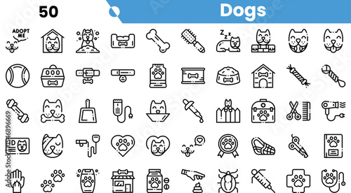 A variety of dog-themed icons including toys, food, and accessories, perfect for pet lovers.