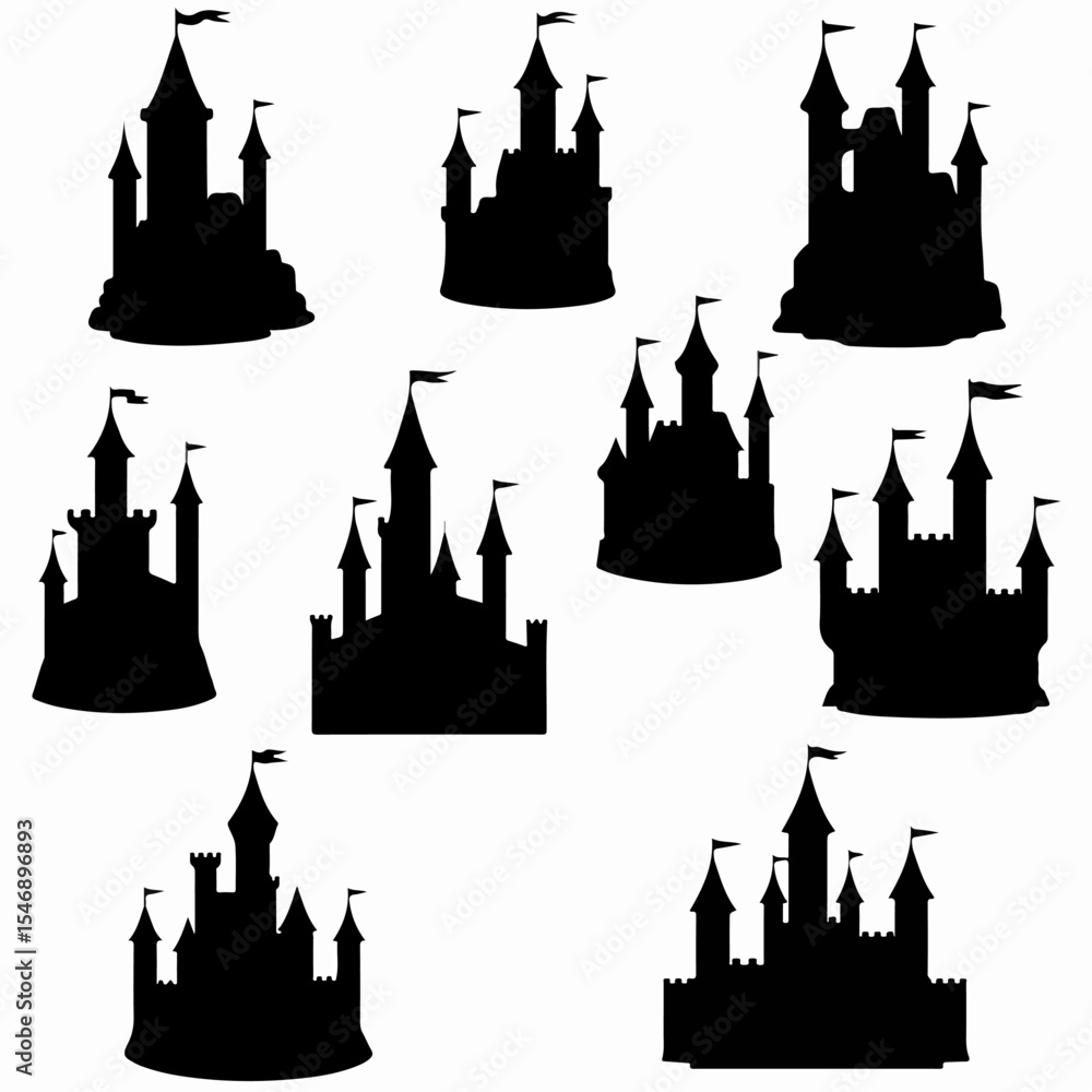 Fototapeta premium Silhouette castles, fantasy architecture, fairytale kingdom collection