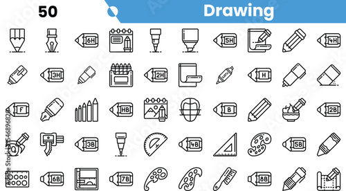 A diverse collection of drawing tools and icons, featuring pencils, pens, paints, and geometric shapes for creative inspiration.