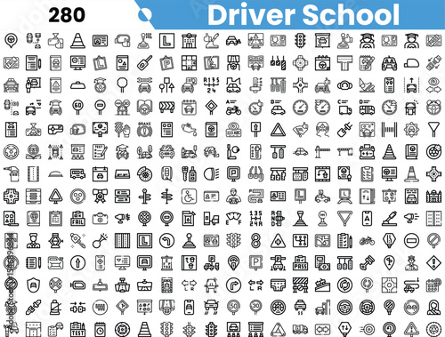 A comprehensive collection of driver school icons, showcasing various traffic signs, vehicles, and educational symbols in a black and white design.